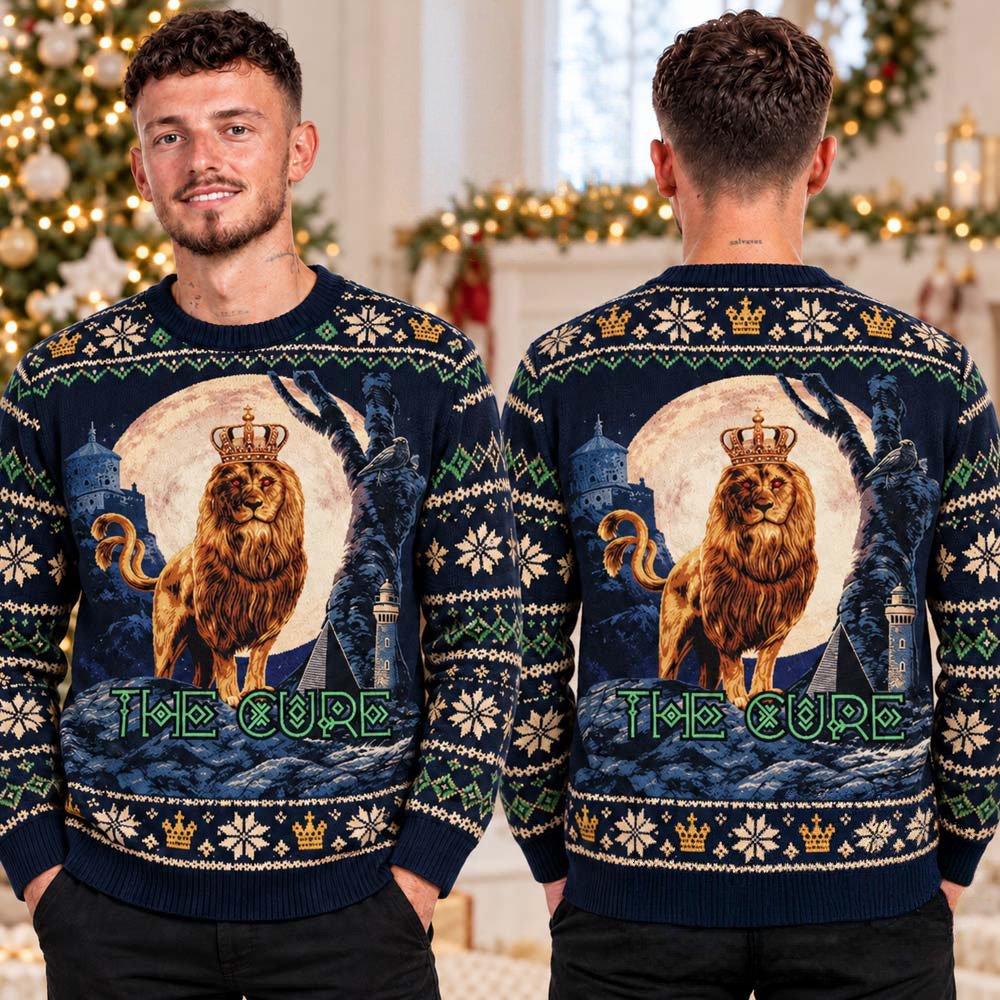 The Cure Merch Crowned Lion And Full Moon Ugly Christmas Sweater Festive Clothing Xmas Pullover