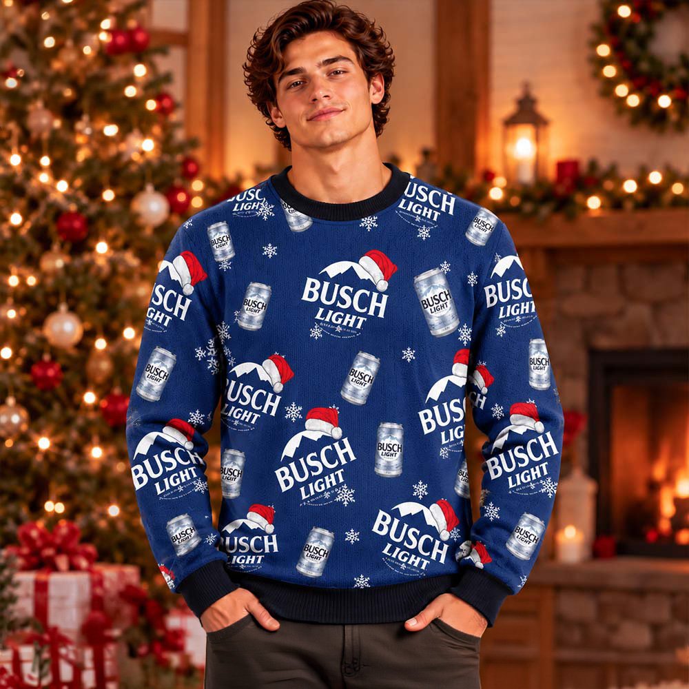 Busch Light Beer Logo Santa Hat Pattern Ugly Christmas Sweater Xmas Attire Gifts Ideas