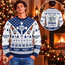 Busch Light In My Veins Jesus In My Heart Ugly Christmas Sweater Funny Holiday Sweaters