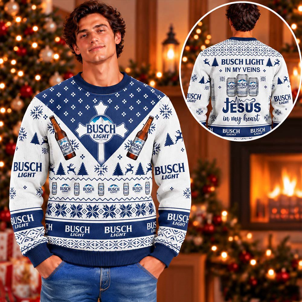 Busch Light In My Veins Jesus In My Heart Ugly Christmas Sweater Funny Holiday Sweaters