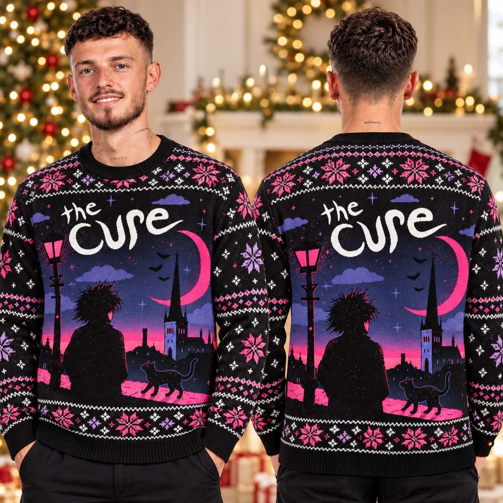 The Cure Merch Pink Crescent Moon And Black Cat Ugly Christmas Sweater Festive Clothing