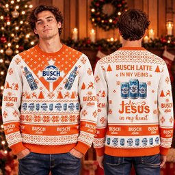 Busch Latte In My Veins Jesus In My Heart Ugly Christmas Sweater Xmas Outfits Gifts