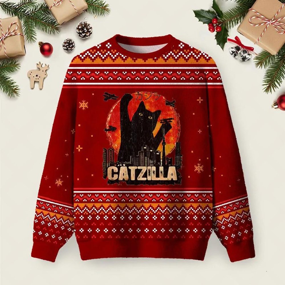 Black Cat Catzilla Ugly Christmas Sweater Christmas Vacation Clothing Cute Xmas Attire.jpeg
