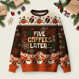 Five Coffees Later Ugly Christmas Sweater Winter Apparel Christmas Attire Xmas Gifts.png