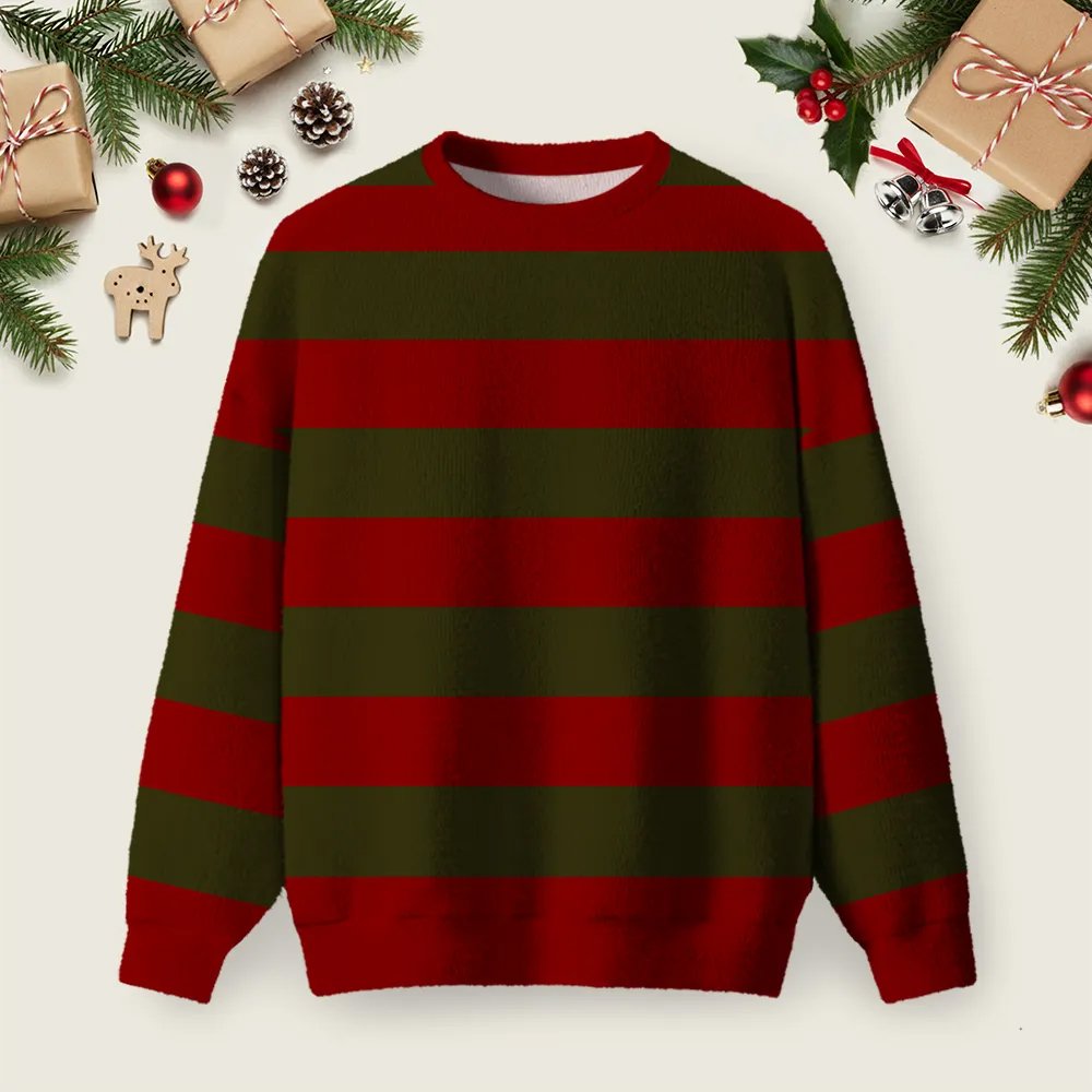 Red Olive Horizontal Stripe Ugly Christmas Sweater Winter Clothing Christmas Outfits.png