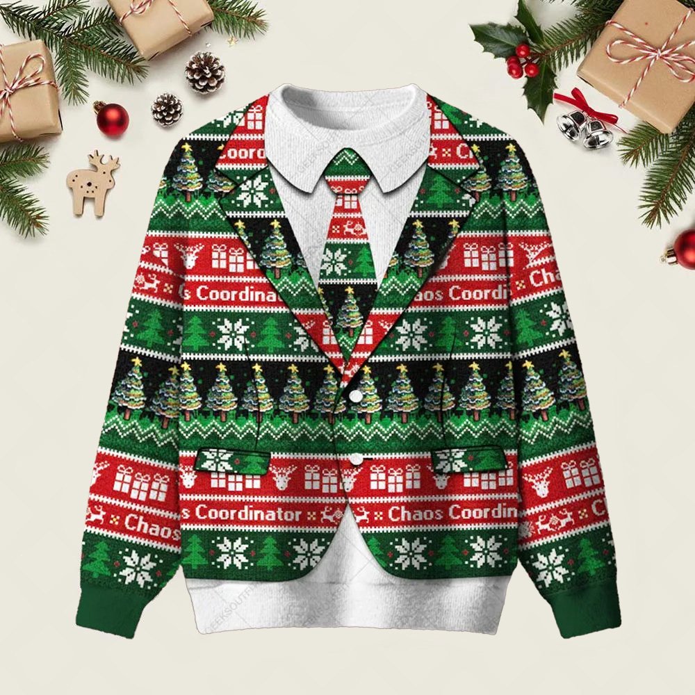 Chaos Faux Two Piece Suit Ugly Christmas Sweater Funny Xmas Jumper Xmas Gifts For Dad