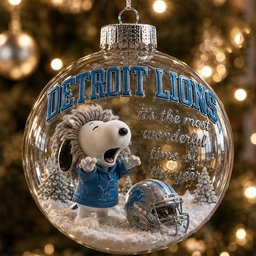 Detroit Lions Snoopy Christmas Snow Globe Ornament 2026 - close view of blue Lions lettering and script