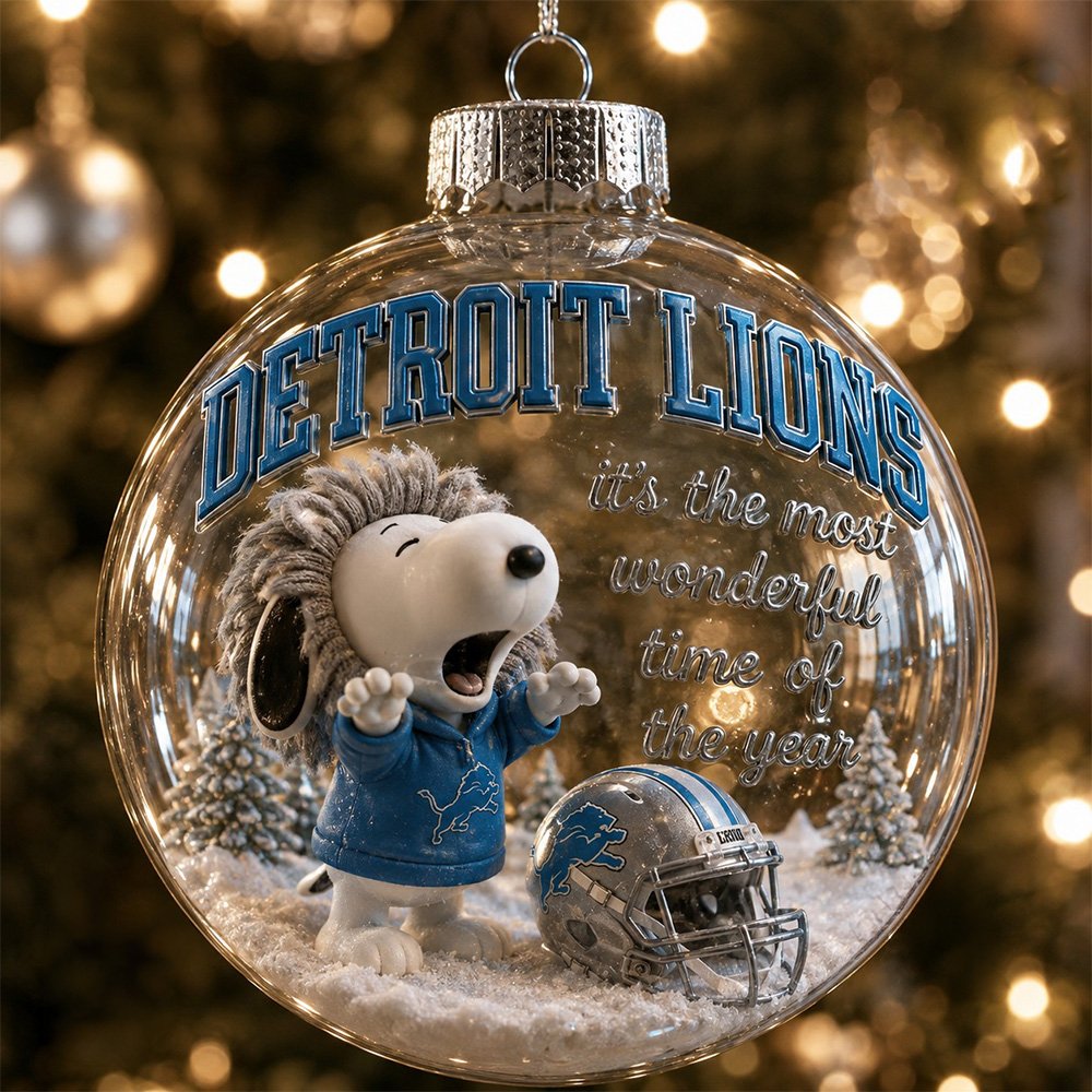 Detroit Lions Snoopy Christmas Snow Globe Ornament 2026 - close view of blue Lions lettering and script