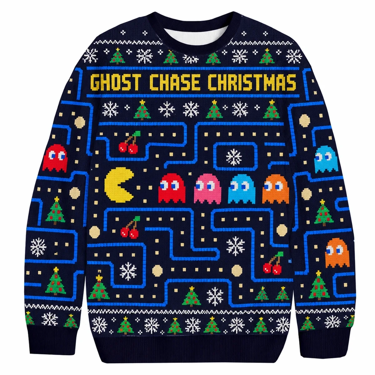 Pac-Man Ghost Chase Christmas Ugly Sweater with retro arcade maze, ghosts, cherries and pixel holiday knit artwork
