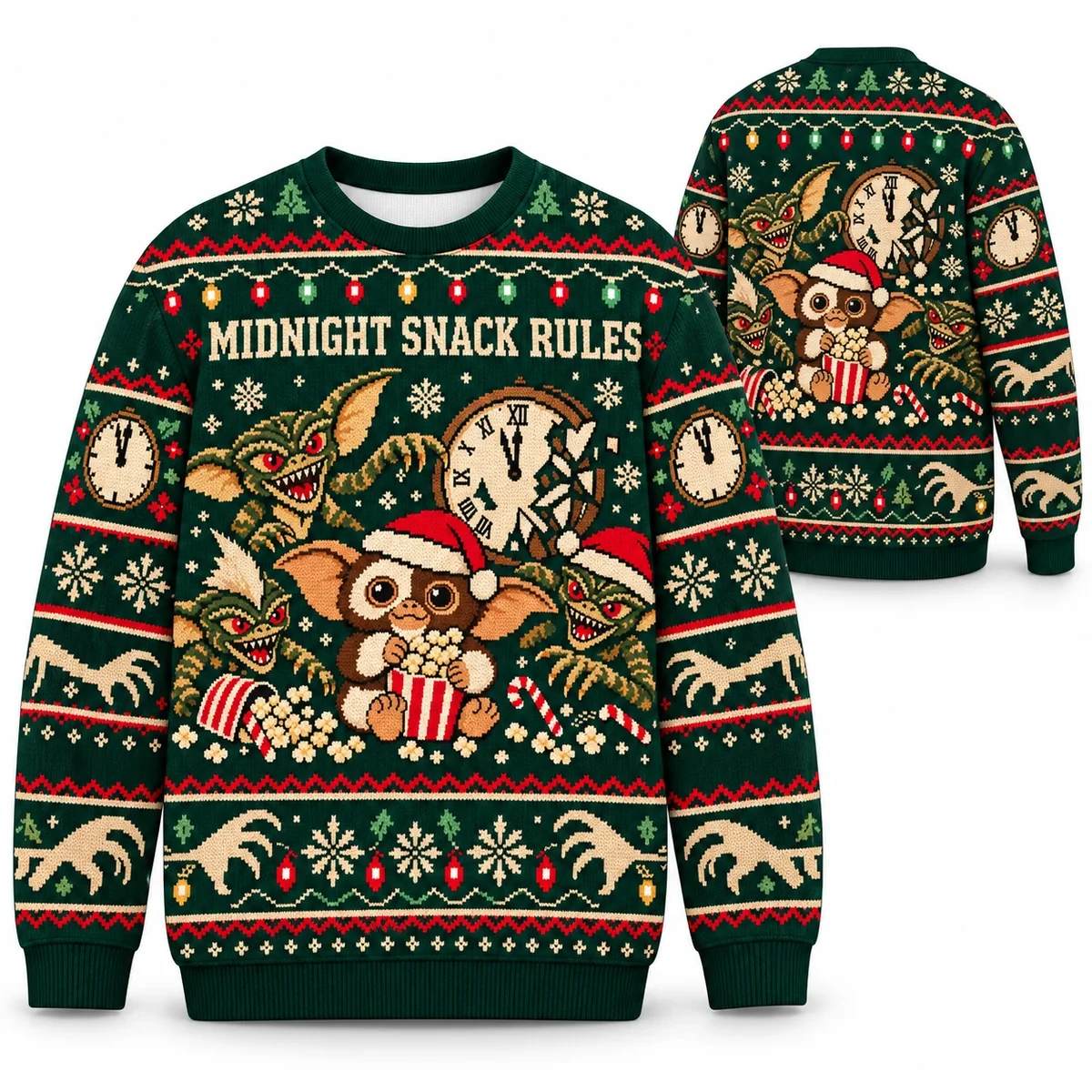 Gremlins Midnight Snack Rules Christmas ugly sweater front and back all-over-print mockup