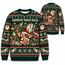 Gremlins Midnight Snack Rules Christmas ugly sweater front and back all-over-print mockup