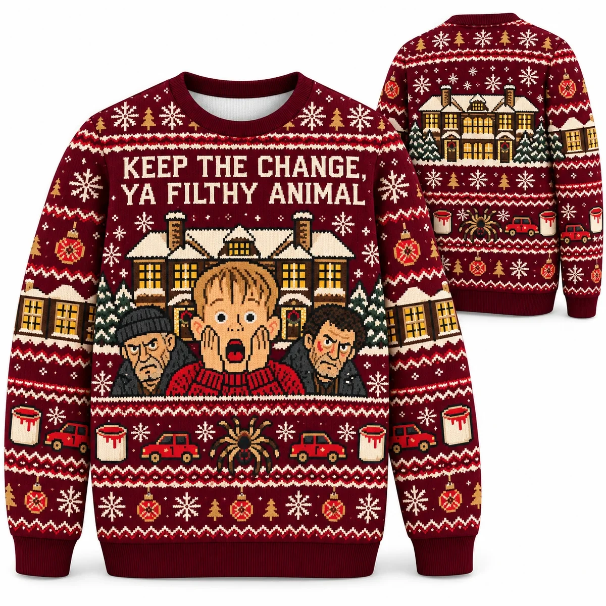 Home Alone Keep The Change Christmas ugly sweater front and back all-over-print mockup