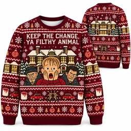 Home Alone Keep The Change Christmas ugly sweater front and back all-over-print mockup