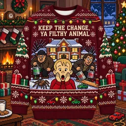 Home Alone Kevin retro movie ugly sweater in 1990s themed scene