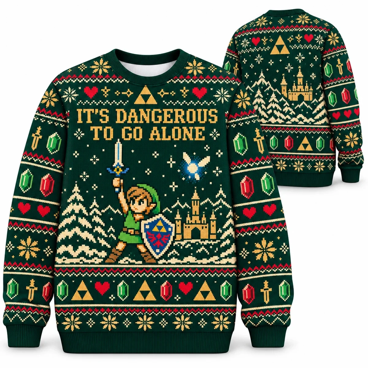 Zelda It’s Dangerous To Go Alone Christmas ugly sweater front and back all-over-print mockup