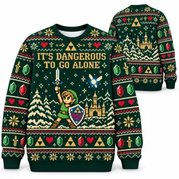 Zelda It’s Dangerous To Go Alone Christmas ugly sweater front and back all-over-print mockup
