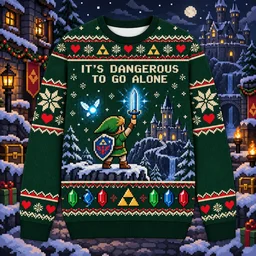 Zelda Link Master Sword retro gamer ugly sweater in Hyrule themed scene