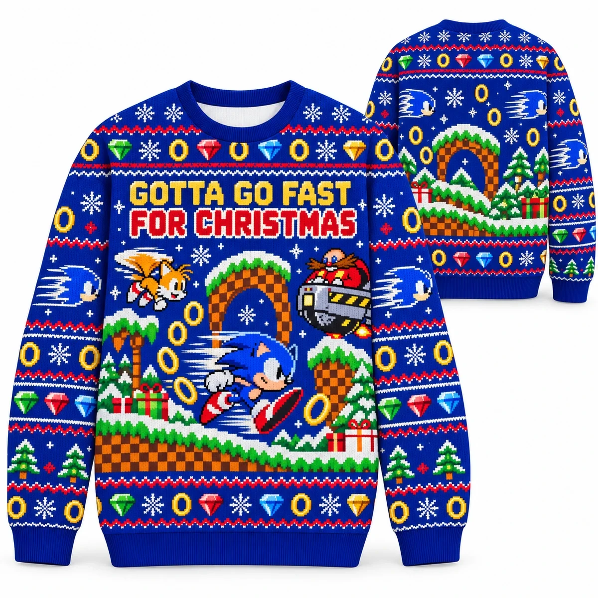 Sonic Gotta Go Fast For Christmas ugly sweater front and back all-over-print mockup