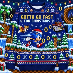 Sonic Tails retro Sega gamer ugly sweater in snowy Green Hill scene