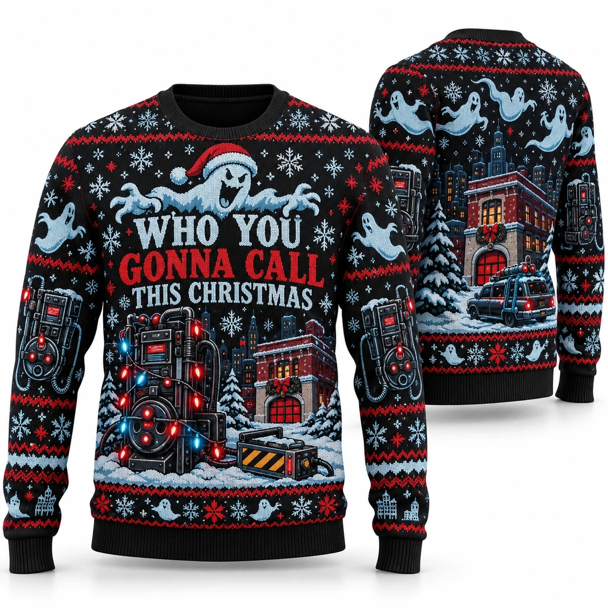 Ghostbusters Who You Gonna Call This Christmas ugly sweater front and back all-over-print mockup