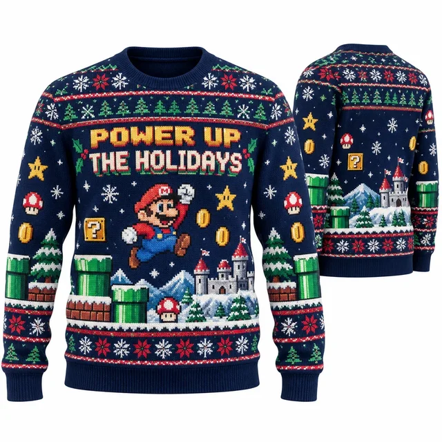 Super Mario Power Up The Holidays Christmas ugly sweater front and back all-over-print mockup