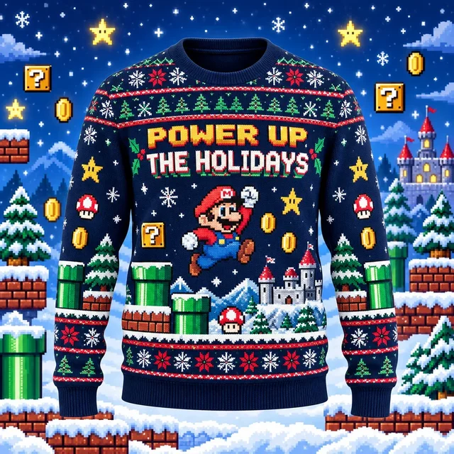 Super Mario Power Up The Holidays retro pixel game ugly sweater scene