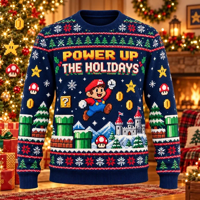 Super Mario Power Up The Holidays ugly Christmas sweater holiday scene