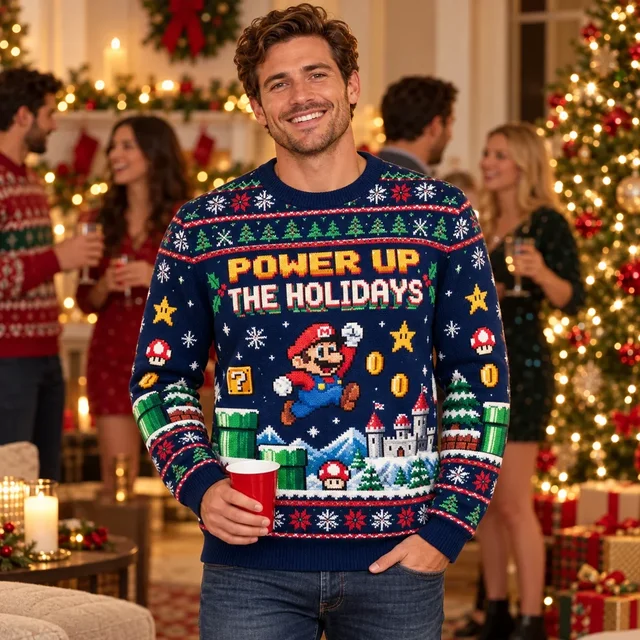 Super Mario Power Up The Holidays Christmas ugly sweater lifestyle gamer gift