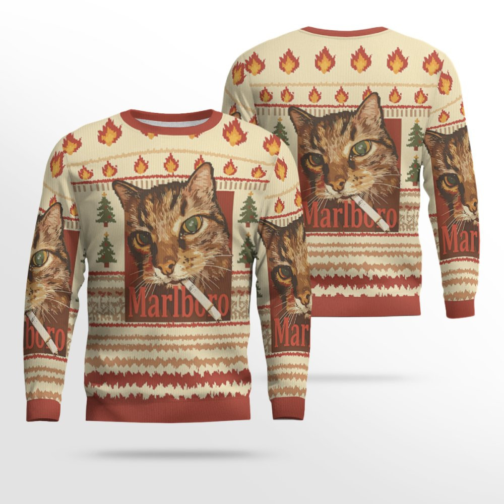 Funny Smoking Cat Meme Marlboro Christmas Ugly Sweater 2026