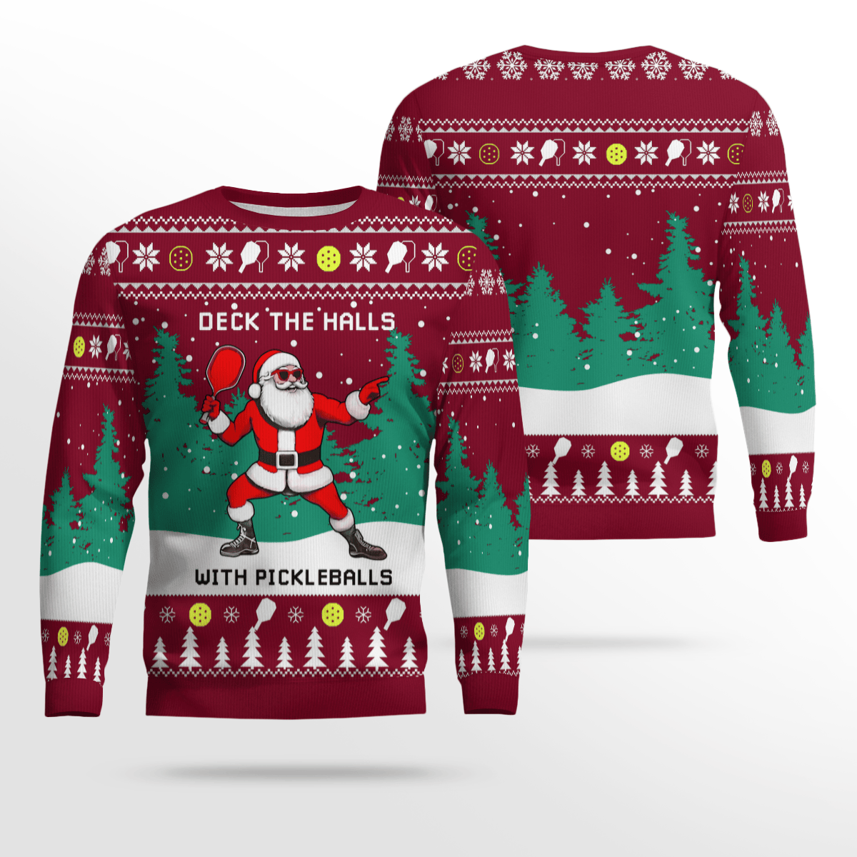 Funny Deck The Hall Pickleball Santa Ugly Christmas Sweater Burgundy