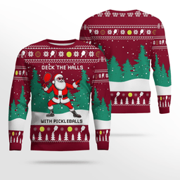 Funny Deck The Hall Pickleball Santa Ugly Christmas Sweater Burgundy