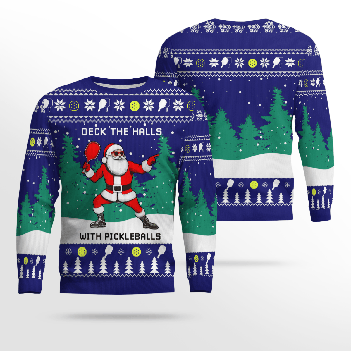 Funny Deck The Hall Pickleball Santa Ugly Christmas Sweater Midnight Blue