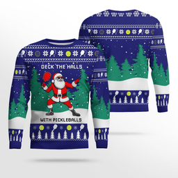 Funny Deck The Hall Pickleball Santa Ugly Christmas Sweater Midnight Blue