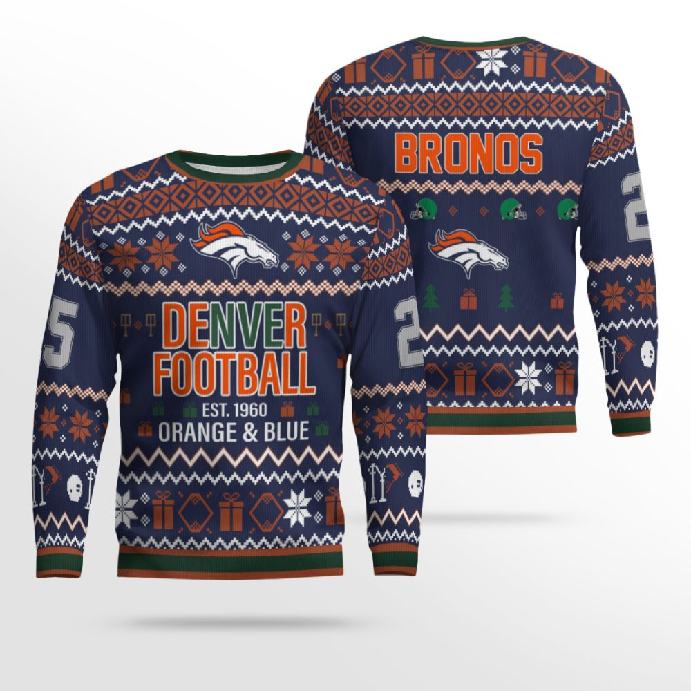 Orange &amp; Blue Denver Broncos Ugly Christmas Sweater 2026
