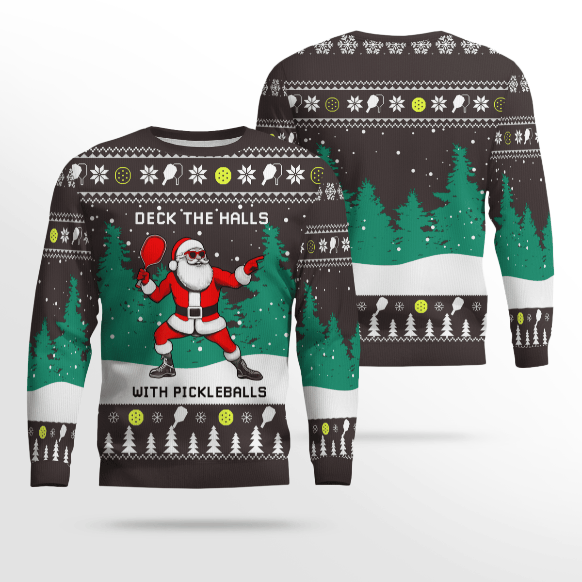 Funny Deck The Hall Pickleball Santa Ugly Christmas Sweater Dark Chocolate