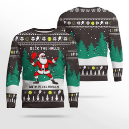 Funny Deck The Hall Pickleball Santa Ugly Christmas Sweater Dark Chocolate