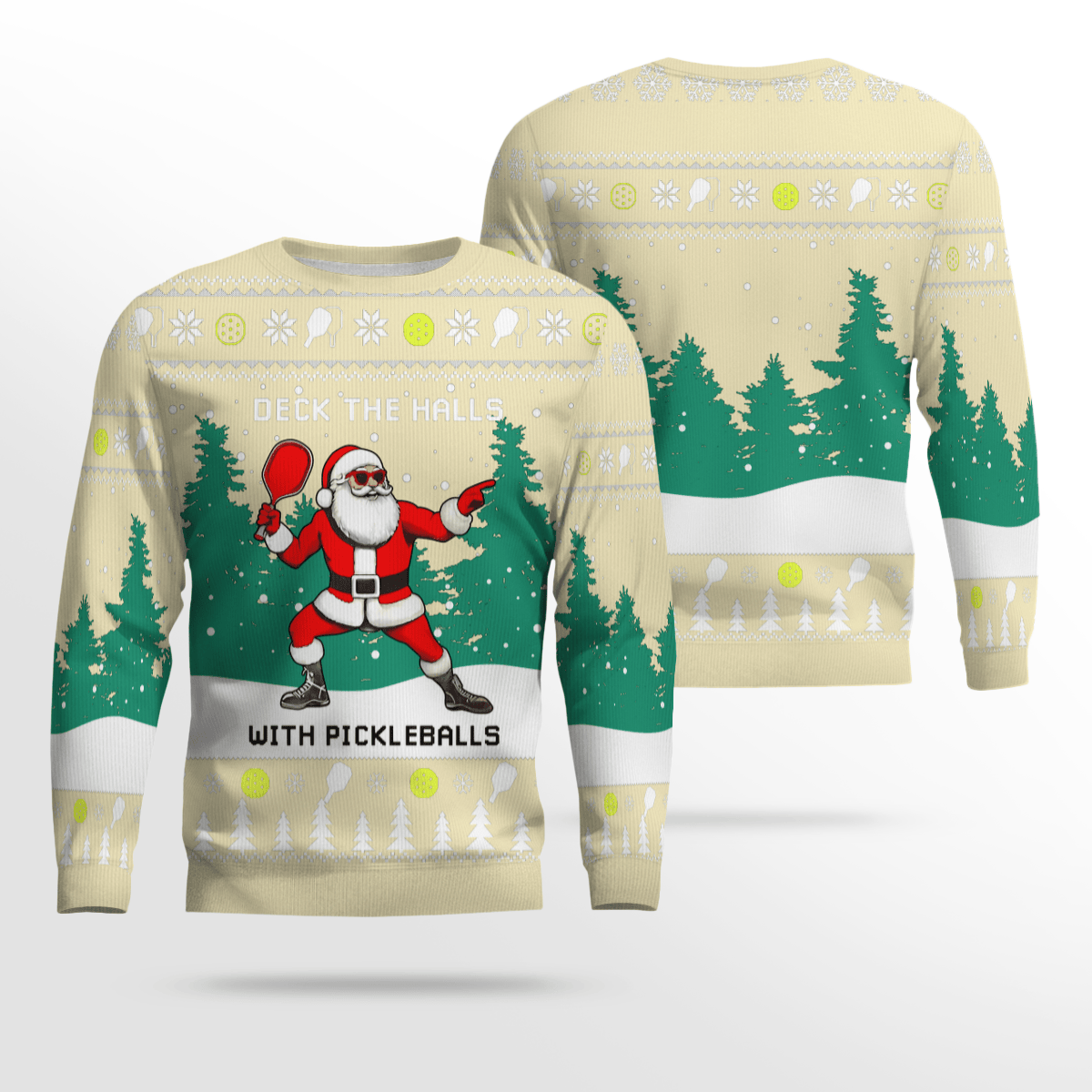 Funny Deck The Hall Pickleball Santa Ugly Christmas Sweater Cream