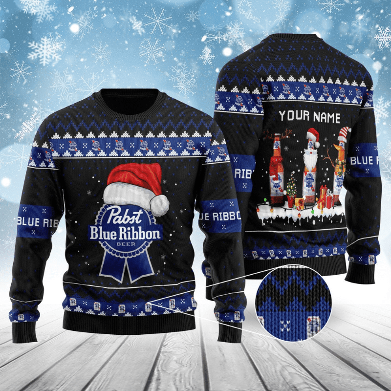Pabst Blue Ribbon Bottle Santa Ugly Sweater