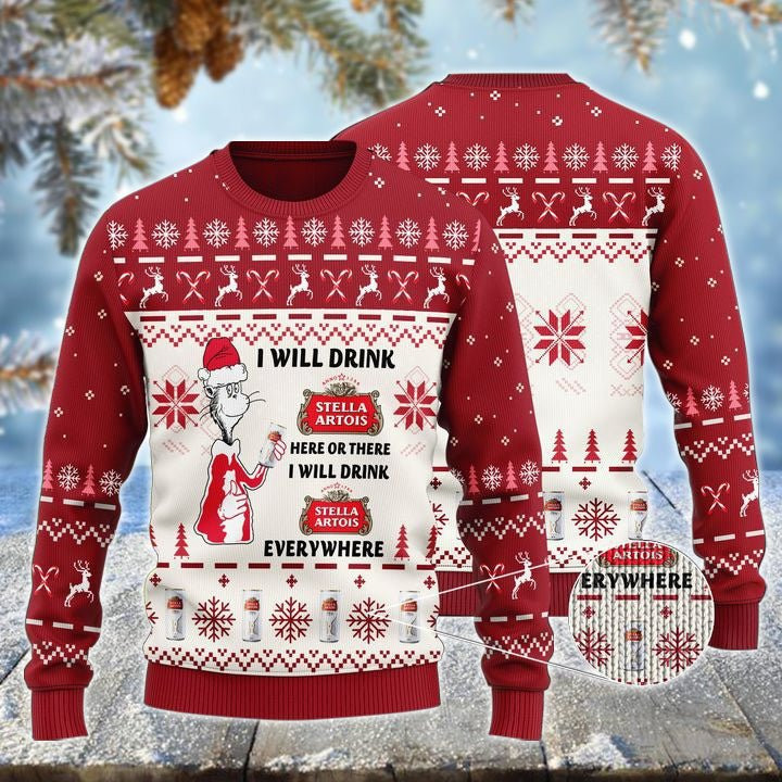 Stella Artois Cat Hat Will Drink Everywhere Ugly Sweater