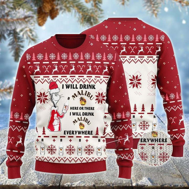 Malibu Cat Hat Will Drink Everywhere Ugly Sweater