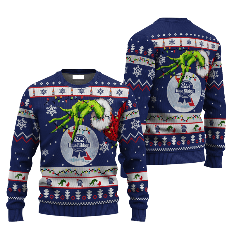 Pabst Blue Ribbon Grinch Hand Stock Ugly Sweater