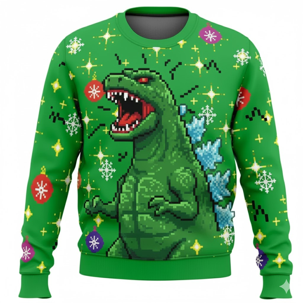2026 Godzilla Tree Christmas Ugly Sweater Green