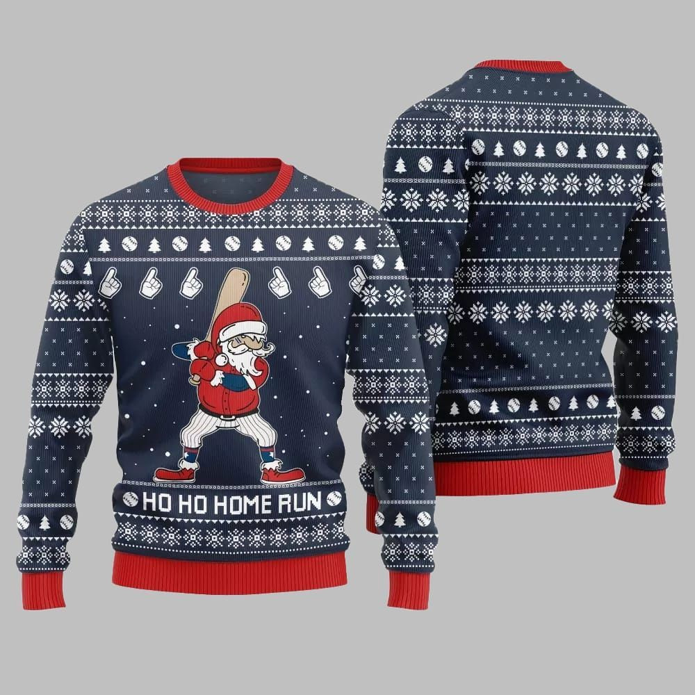 2026 Ho Ho Home Run Funny Baseball Ugly Sweater Christmas-Navy