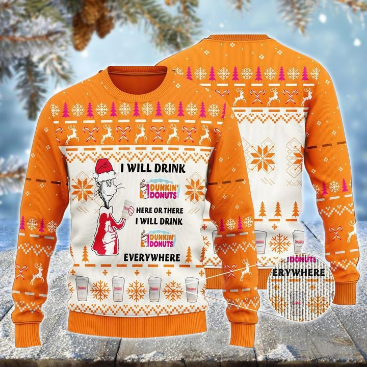 Dunkin Donuts Cat Hat Will Drink Everywhere Ugly Sweater