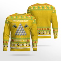 2026 Christmas Deck the Halls with Golf Balls Ugly Sweater Yellow