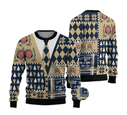 Miller Lite Christmas Diamond Plaid Ugly Sweater