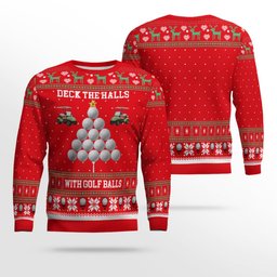2026 Christmas Deck the Halls with Golf Balls Ugly Sweater Red