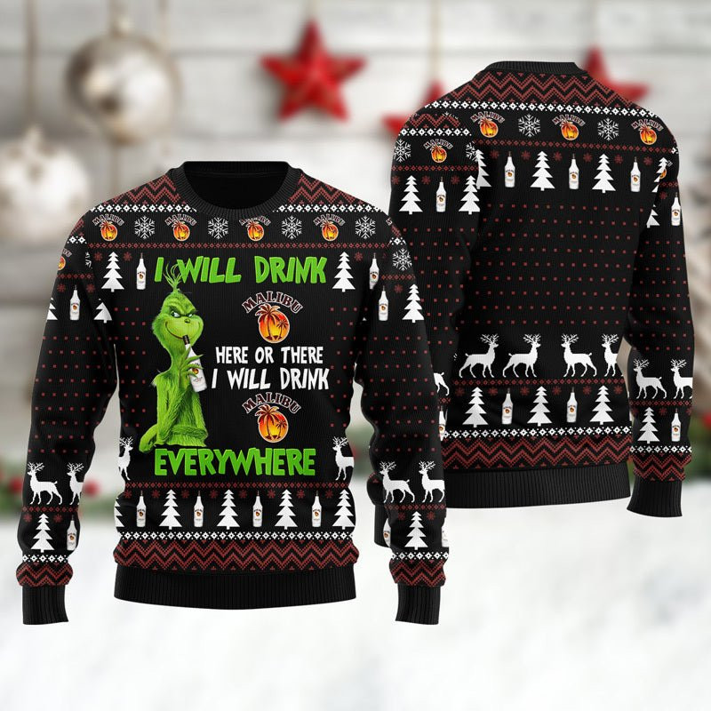 Malibu Grinch Will Drink Everywhere Ugly Sweater