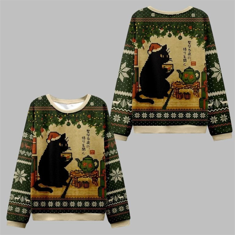 2026 Christmas Cat Drinking Tea Ugly Sweater