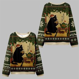 2026 Christmas Cat Drinking Tea Ugly Sweater